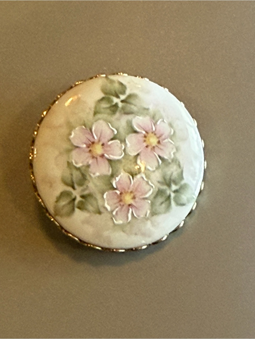 Vintage Hand Painted Porcelain Floral Gold Trim Brooch. Cottagecore Grandma